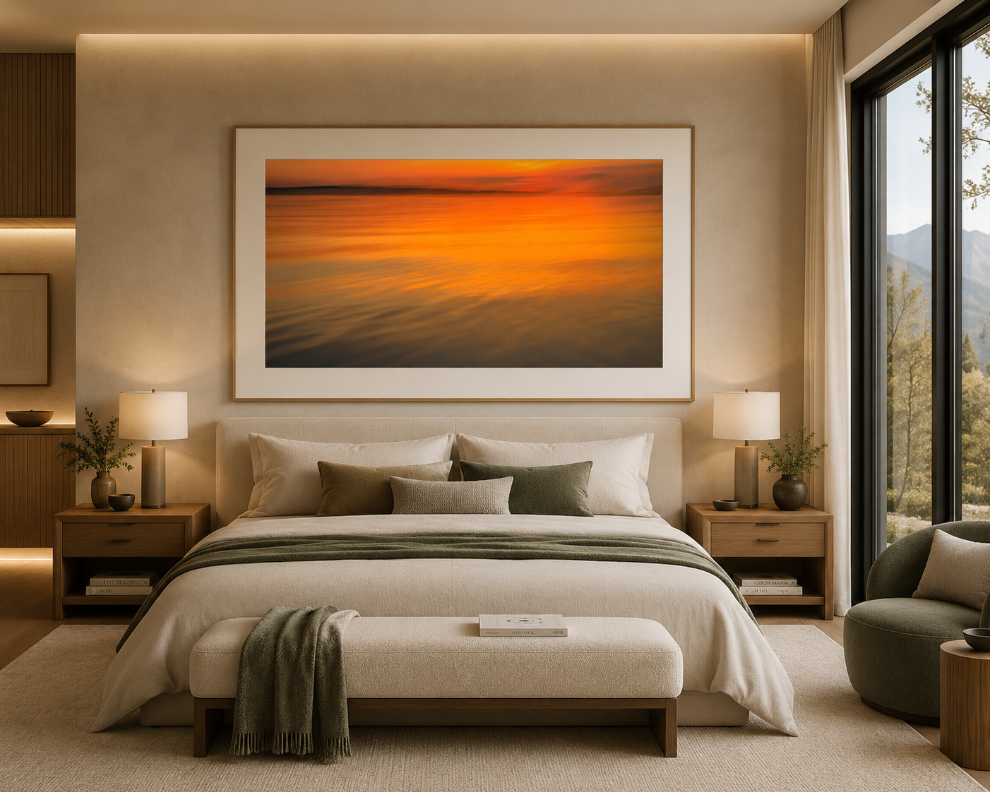Warm sunset water artwork in a modern bedroom interior